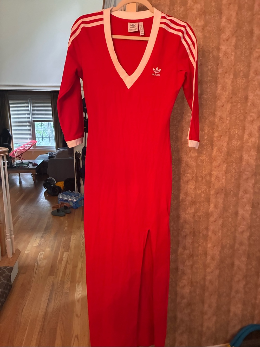 adidas Red Maxi Dress with White Trim and Three-Stripe Shoulders